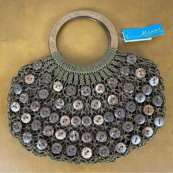 Blue Miami Woven Wooden Handle Button Embellished Bohemian Purse - Picture 5 of 11